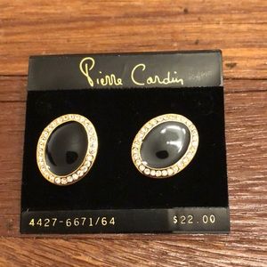 Vintage Pierre Cardin Black Oval Clip On Earrings Gold Tone Rhinestone Statement